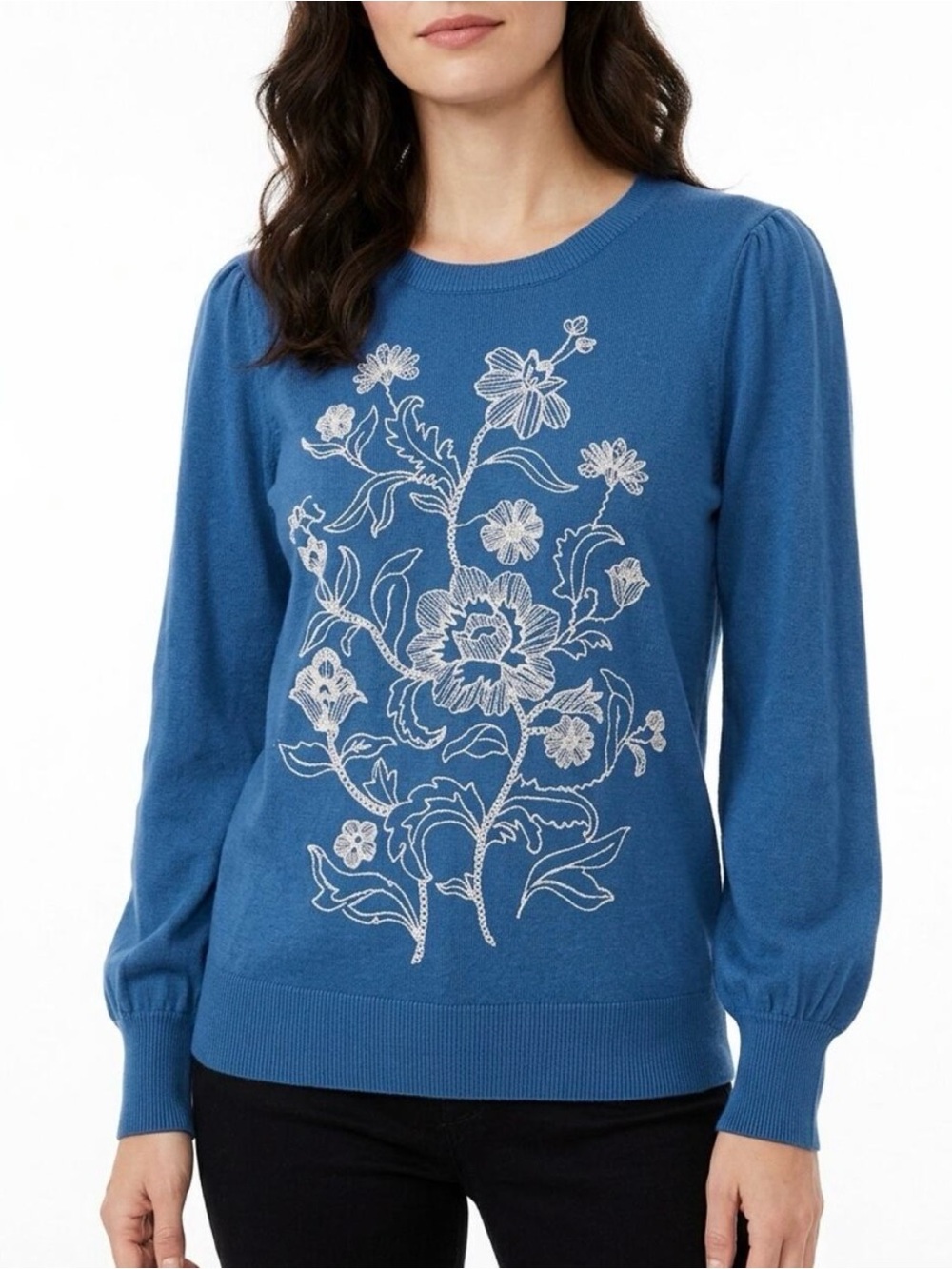 LOFT Blue Floral Embroidered Crewneck Sweater with Slightly Puffed Sleeves